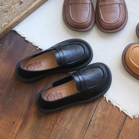 Thermal Insulation Maximum Support Women Autumn Retro Leather Round Head Loafers