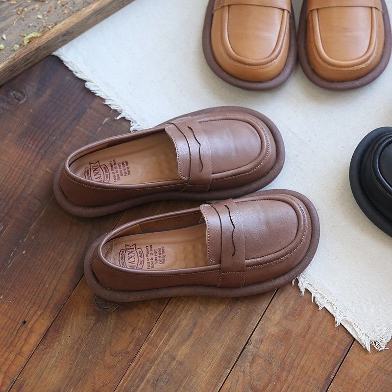 Women Autumn Retro Leather Round Head Loafers walkers' low - quality