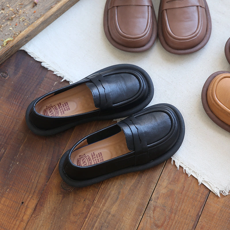 Thermal Insulation Maximum Support Women Autumn Retro Leather Round Head Loafers