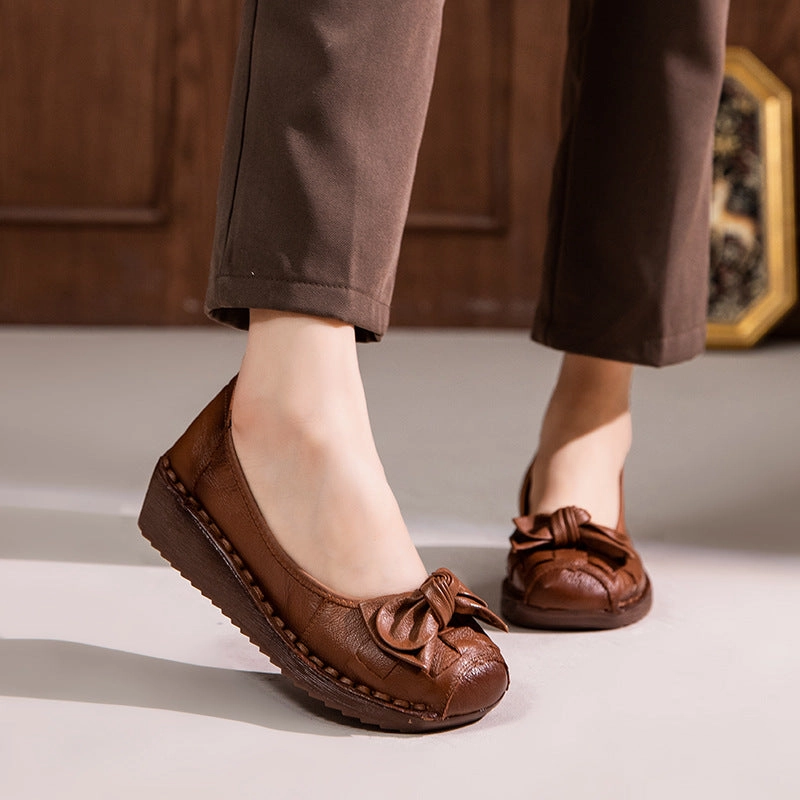 sharpest Slip Resistant Outsole Grip Women Bowknot Soft Soled Leather Wedge Shoes