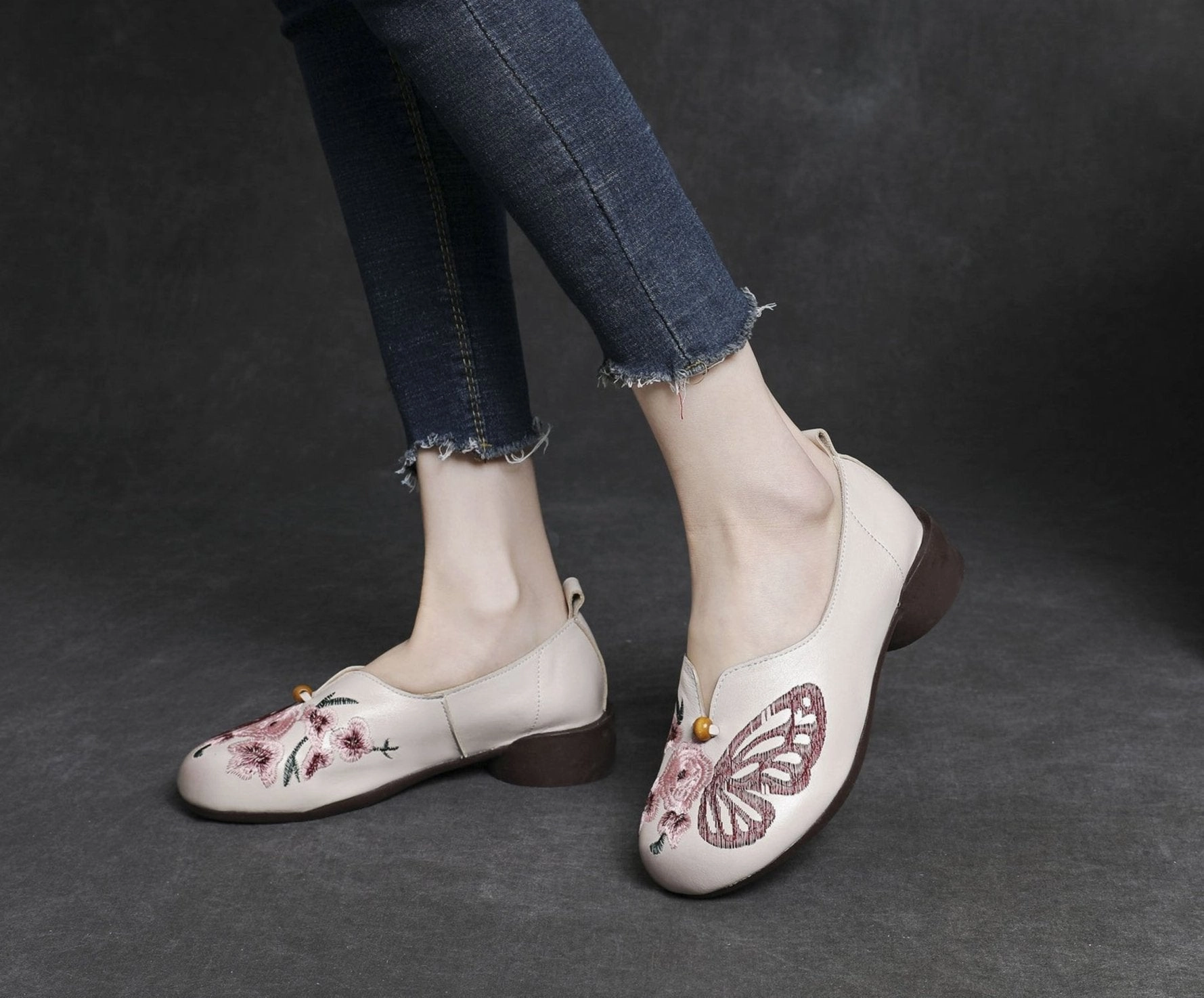 Women Butterfly Floral Embroidered Chunky Heel Slip- Ons grip - level