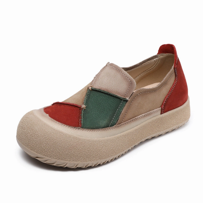 vegan - type Women Casual Leather Chunky Color-Blocked Slip-Ons Flats