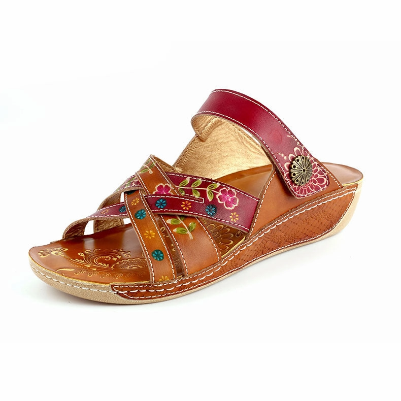 Adjustable Tongue Women Ethnic Pattern Slippers Retro Wedge Sandals