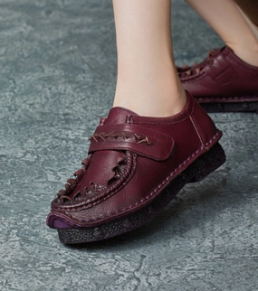 Women Ethnic Retro Stitch Design Handmade Leather Slip-Ons All-purpose stability Geometric Print