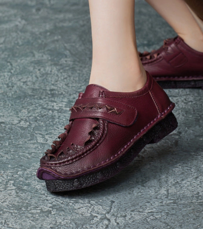 Women Ethnic Retro Stitch Design Handmade Leather Slip-Ons All-purpose stability Geometric Print