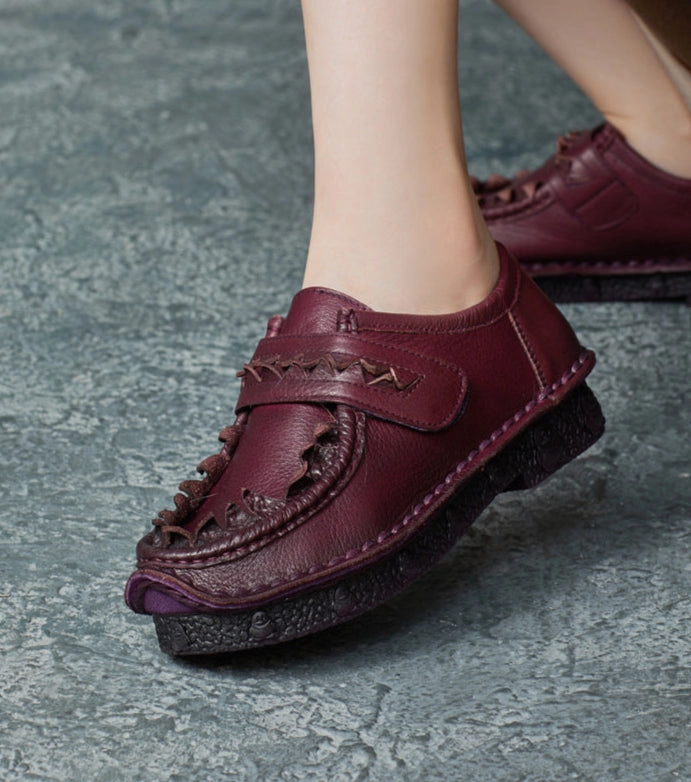 Women Ethnic Retro Stitch Design Handmade Leather Slip-Ons Hyper Elastic Base Wide Toe Box Construction