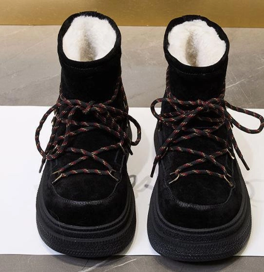 Women Genuine Leather Thick-Soled Warm Fleece-Lined Snow Boots Wide Heel Base