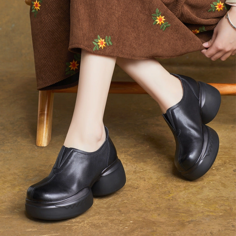 Women Minimalist Thick Soled Chunky Heeled Leather Shoes Eco-friendly