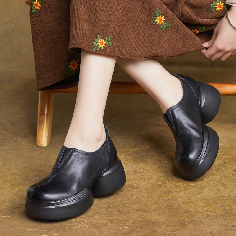 Breathable Perforations most comfortable Women Minimalist Thick Soled Chunky Heeled Leather Shoes