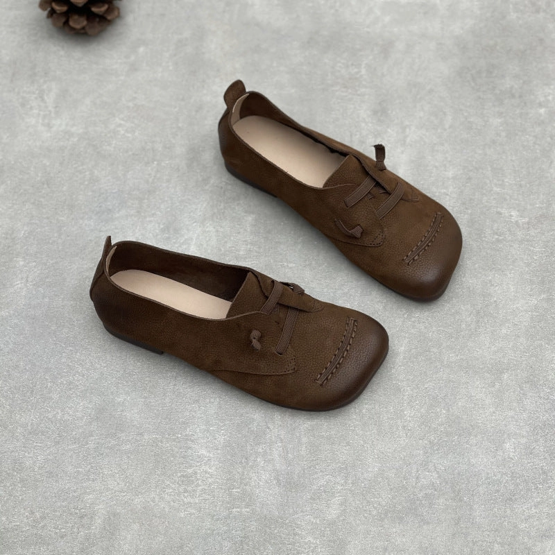 Women Retro Casual Versatile Soft Leather Low Heel Slip-Ons Unique Sole Motion control