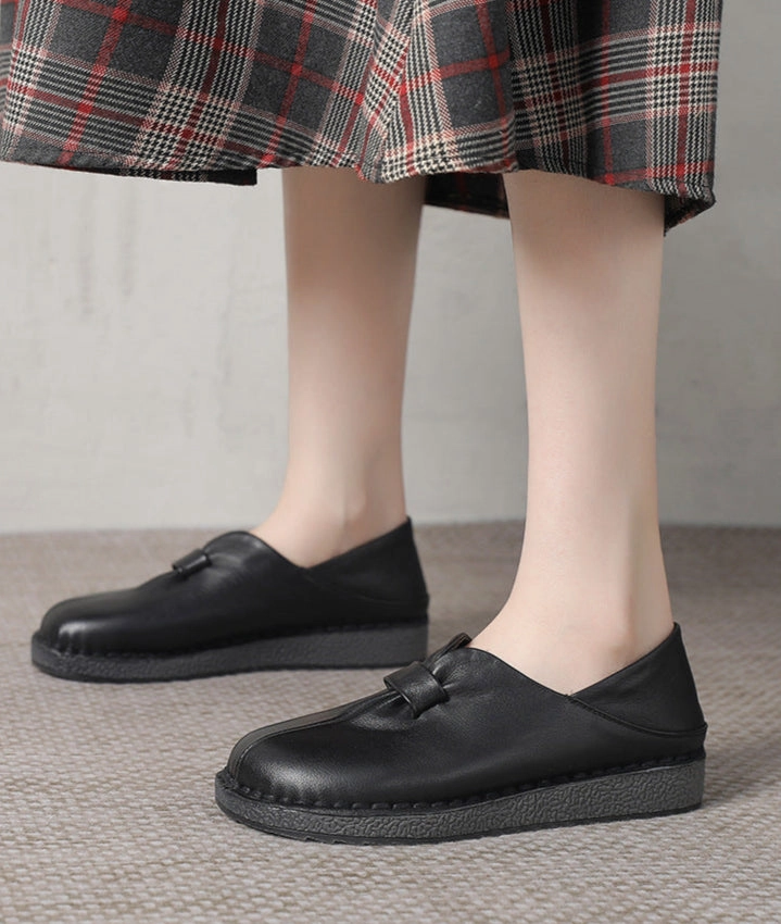 birthday Women Retro Comfy Black and Brown Genuine Leather Slip-On Shoes