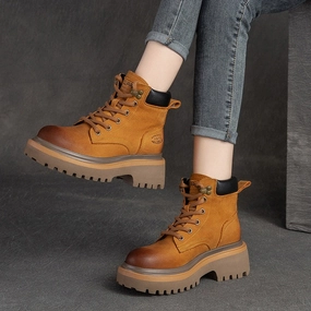 Soft Design High Rebound Foam Women Retro Fashion Lace- Up Platform Leather Boots