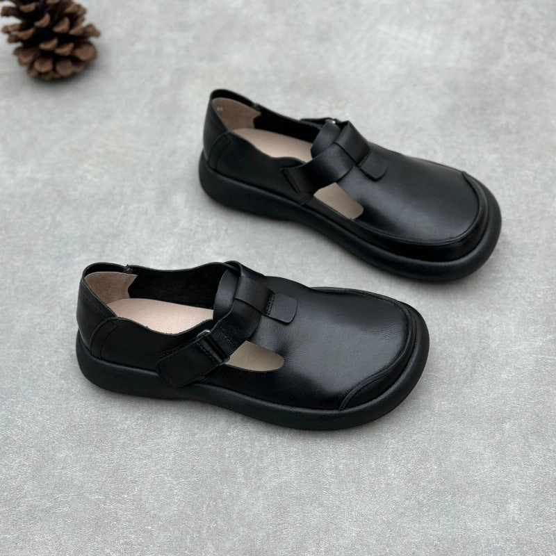 Breathable Women Retro Geniune Leather Casual Velcro Strap Slip-Ons