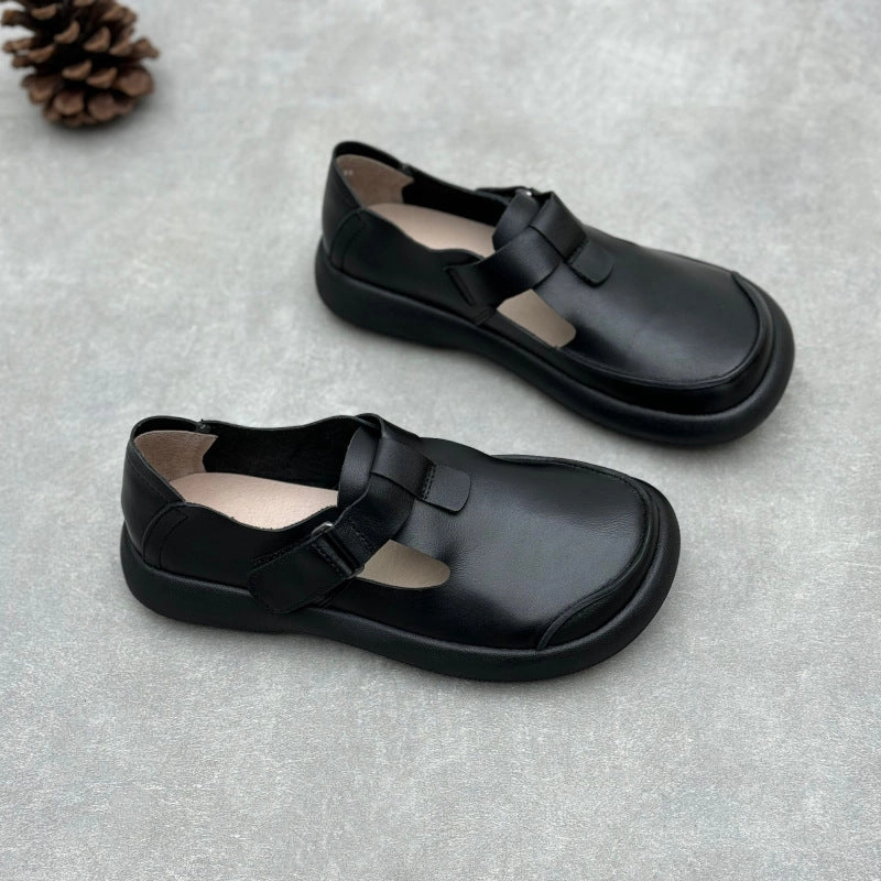 Women Retro Geniune Leather Casual Velcro Strap Slip-Ons Layered Chic