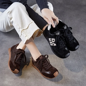 Women Retro Genuine Leather Casual Mesh Sports Sneakers Block Heel Zip Closure