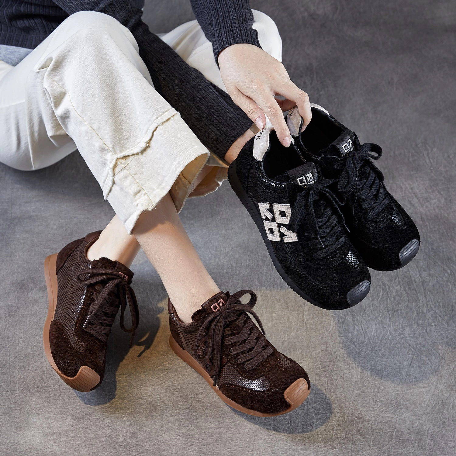 Women Retro Genuine Leather Casual Mesh Sports Sneakers Block Heel Zip Closure