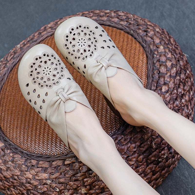 Torsion Adaptive Plate Women Retro Genuine Leather Cut-Out Chunky Heel Slippers