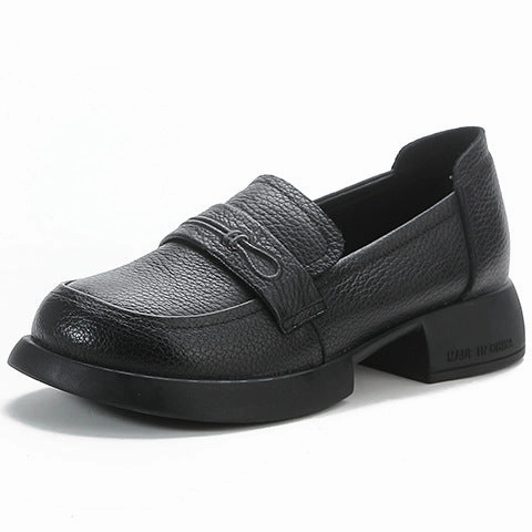 Women Retro Genuine Leather Mid Heel Thick Sole Platform Loafers Aerobic Traction Optimized
