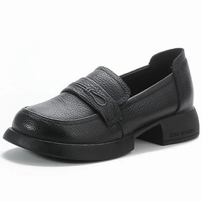 Women Retro Genuine Leather Mid Heel Thick Sole Platform Loafers Aerobic Traction Optimized