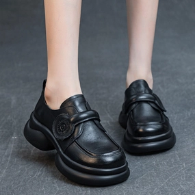 Wide Stance Platform Ergonomic Footbed Shape Women Retro Genuine Leather Wide Soft Sole Velcro Flats
