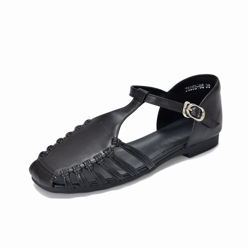Arch Support System Women Retro Leather Breathable Soft Flat Sole Closed Toe Sandals