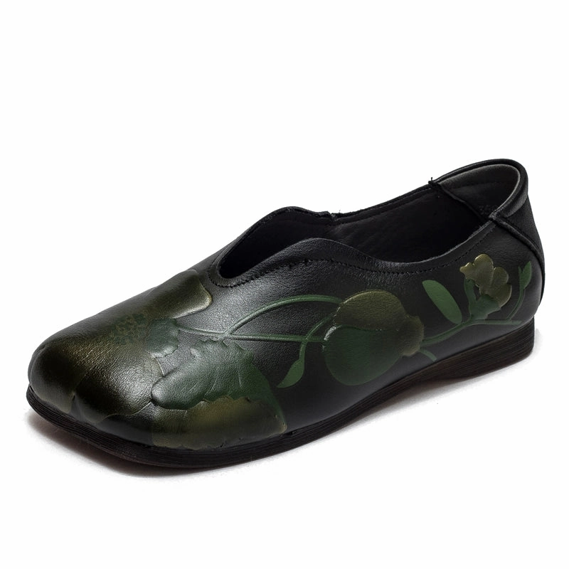 Women Retro Leather Shallow Leaves Soft Flat Sole Shoes Recycled Textile