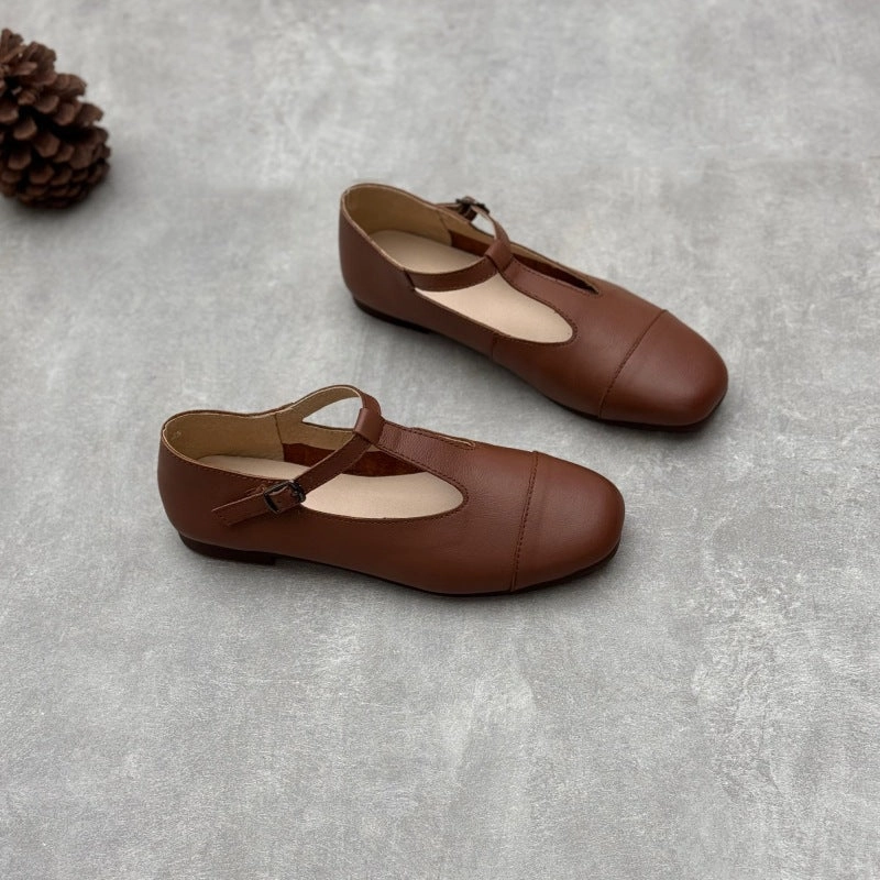 Impact Diffusing Heel Women Retro Leather Soft Flat Sole One Straped Shoes