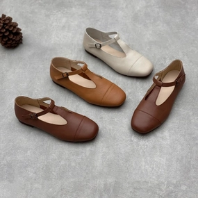 Women Retro Leather Soft Flat Sole One Straped Shoes Upgraded arch