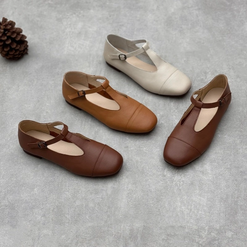 Women Retro Leather Soft Flat Sole One Straped Shoes Upgraded arch