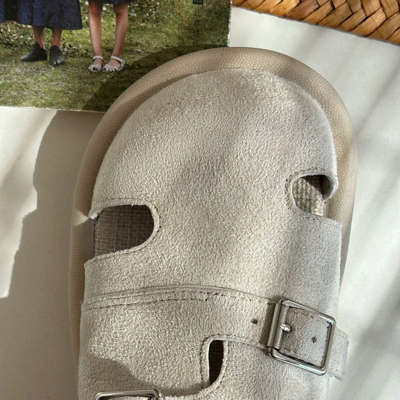 Women Retro Leather Sueded Closed Toe Cut Out Slip On Shoes Stiff Earth Tones