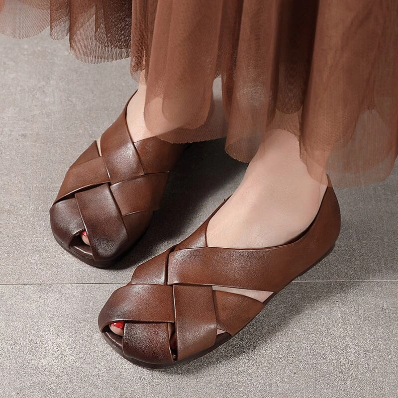 Women Retro Leather Weave Foldable Flats Ultra-soft cushioning