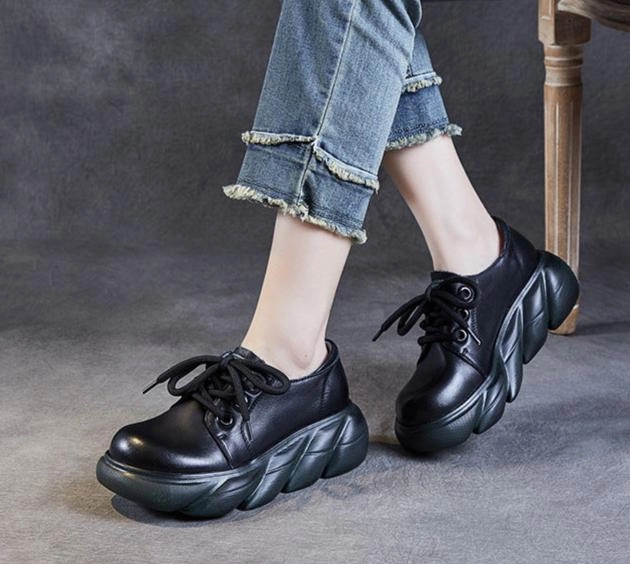 Impact Resistant Rapid Lacing System Women Retro Platform Genuine Leather Everyday Casual Shoes