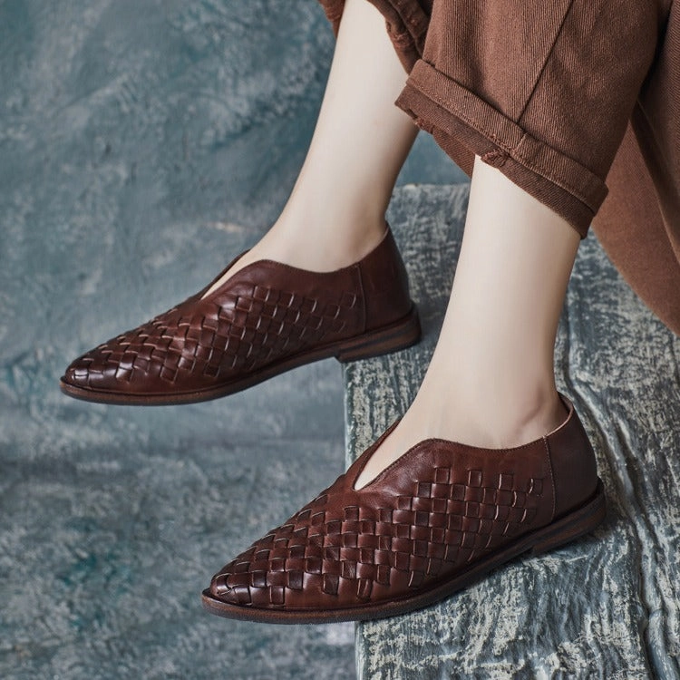 least breathable Women Retro Pointed Woven Handmade Leather Flats