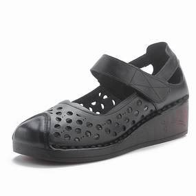 Women's Casual Genuine Leather Hollow Platform Wedge Sandals Airflow Optimized