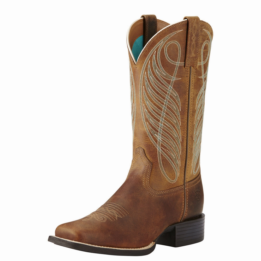Women's Round Up Wide Square Toe Western Boots 10018528 Slip Resistant Grip