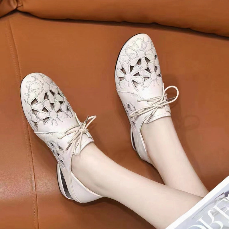 Women Summer Breathable Hollow Leather Soft Cowhide Flats Durable TPR Outsole Wind - resistant