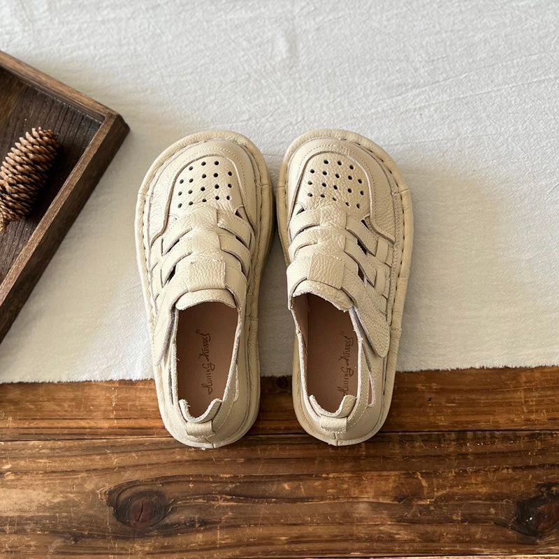 Women Summer Hollow Breathable Leather Platform Sandals Microperforated Panels