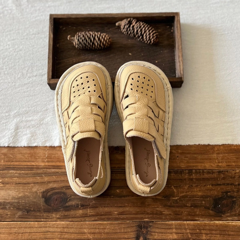 Women Summer Hollow Breathable Leather Platform Sandals Genuine Ventilation Channel Design