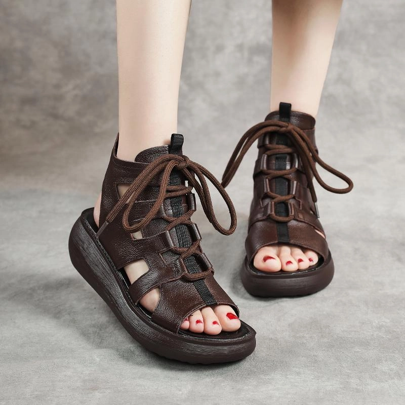 Women Summer Vintage Leather Hollow High Sandals lace - up