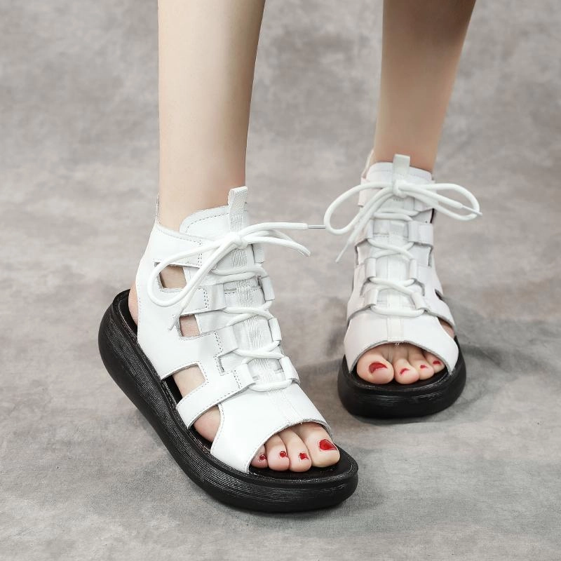 Adjustable Strap Women Summer Vintage Leather Hollow High Sandals