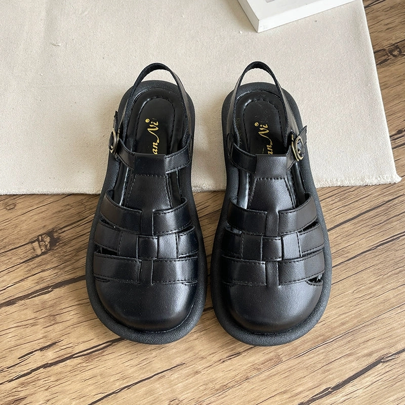 casual user Women Summer Vintage Leather Woven Closed Round Flat Sole Sandals