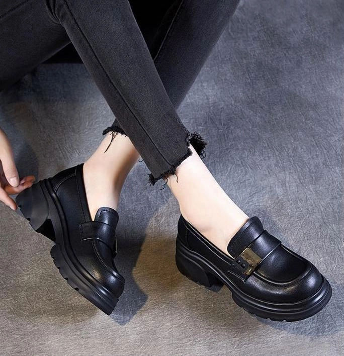Women Thick- Soled Retro Loafers Black Mary Jane Shoes Dynamic Flex Points