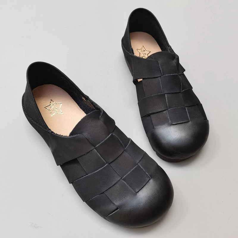 Forest Women Top Leather Round Toe Woven Soft Sole Flats Shoes