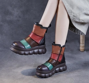 Signature Women Vintage Color Block Platform Leather Short Boots