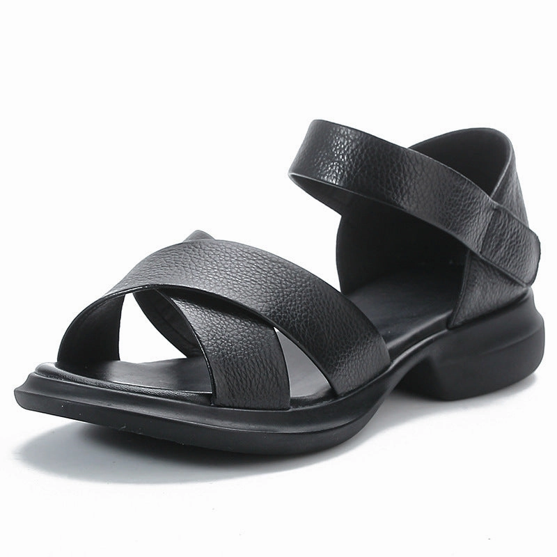 Women Vintage Top Leather Open Toe Chunky Velcro Sandals straightforward