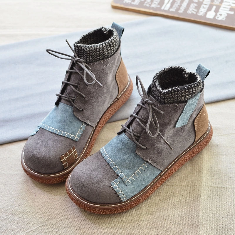 Women Winter Colorblock Round-Toe Chunky Sole Fleece-Lined Boots Brand Abrasion Proof Outsole