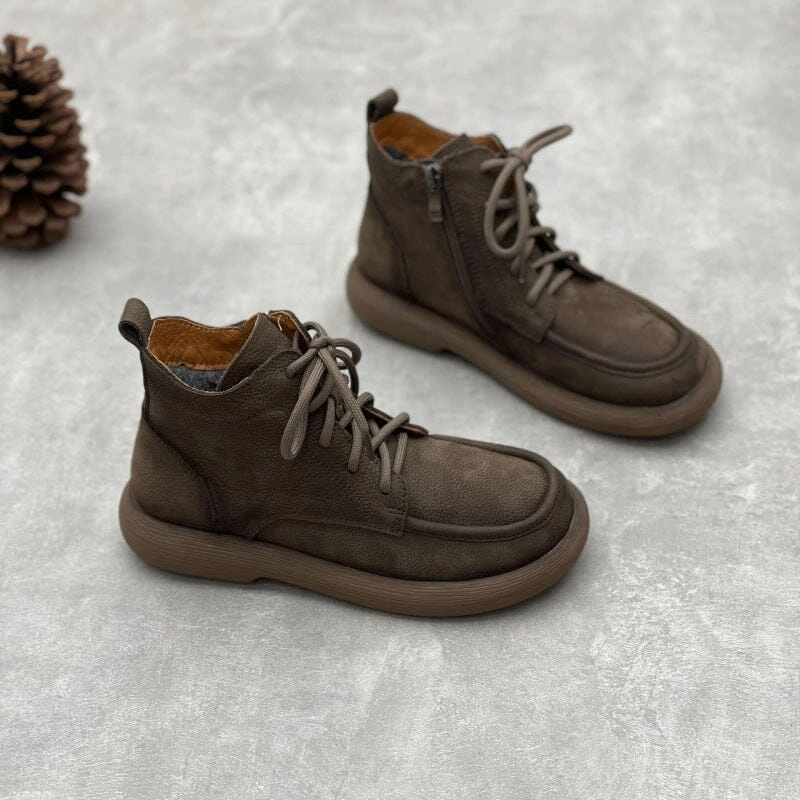 Women Winter Retro Leather Flat Furred Ankle Boots vegan - type rainy - day shoes