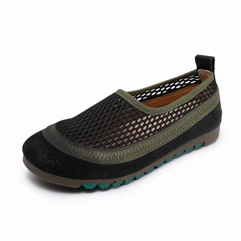 Anti Fatigue Technology Women Summer Retro Leather Mesh Hollow Soft Flats