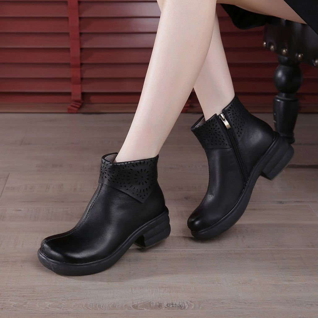 Trend-setting silhouette Ankle Support Retro Hollow Platform Handmade Leather Boots