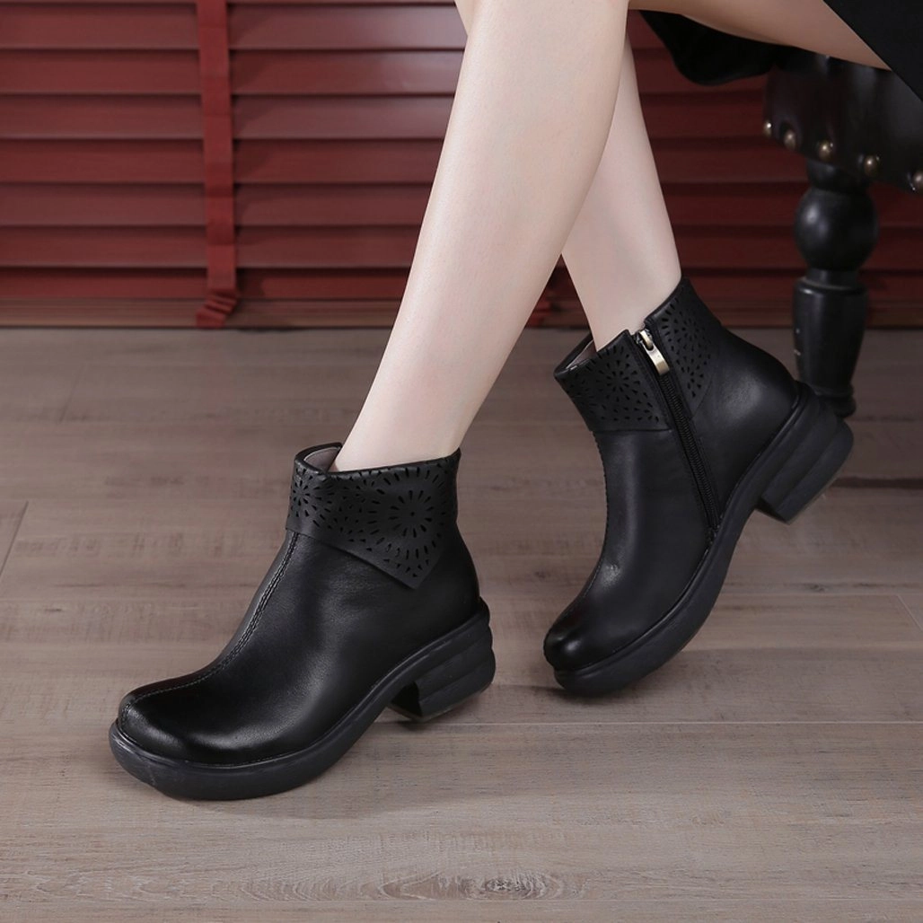 foremost Cushioned Heel Support Retro Hollow Platform Handmade Leather Boots